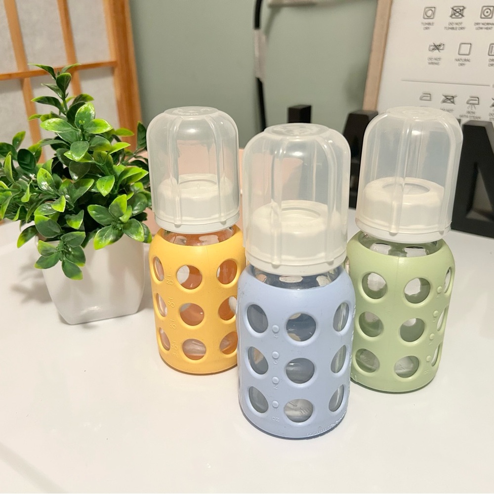 Lifefactory 4oz Glass Baby Bottles, Set of 3, Banana/Blanket/Spring